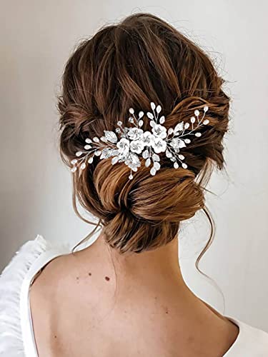 Silver Flower Wedding Hair Comb Pearl Bridal Hair Piece Leaf Hair Accessories for Women and Bride (Silver) - color: Silver