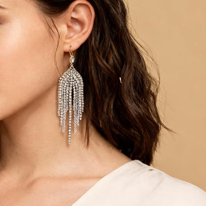 Fringe Dangling Tassel Earrings for Women, Handcrafted Chandelier Long Bohemian Beaded Cubic Zirconia Crystal Imitation Pearls Inlay Statement Boho Chain Hook Earrings for Wedding Party - color: White