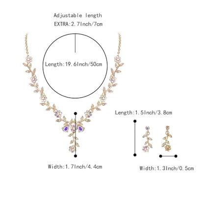 Women's Wedding Jewelry Set for Bride,Prom Bridal Accessories | Bling Crystal,Flower Leaf Cluster,Dangle Earrings Pendant Necklace Set,for Bridesmaid,Party Jewellery - color: 07-Iridescent AB Gold-Plated-Base