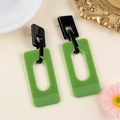 Boho Lightweight Retro Simple Acrylic Splicing Rectangle Earrings for Women Creative Exaggerated Statement Dangle Drop Earrings Jewelry - color: Black light green