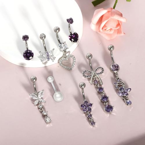 Suotarn 14G Belly Button ring Dangle Belly Rings Surgical Stainless Steel Cute Bow Butterfly Heart Flower Dangling Belly Button Piercing Jewelry For Women Silver Dainty Dangly Navel Ring - color: purple