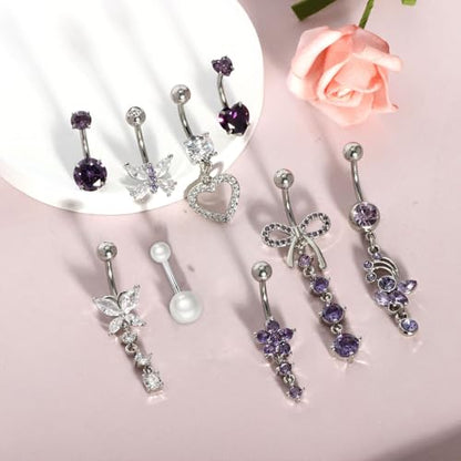 Suotarn 14G Belly Button ring Dangle Belly Rings Surgical Stainless Steel Cute Bow Butterfly Heart Flower Dangling Belly Button Piercing Jewelry For Women Silver Dainty Dangly Navel Ring - color: purple