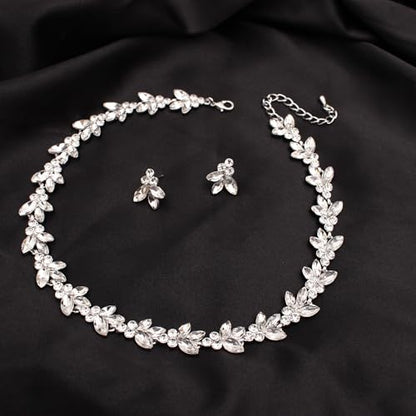 Bridal Wedding Crystal Leaf Choker Necklace Dangle Earring Bracelet Brides Bridesmaid Jewelry Set for Women - color: White-Platinum Plated