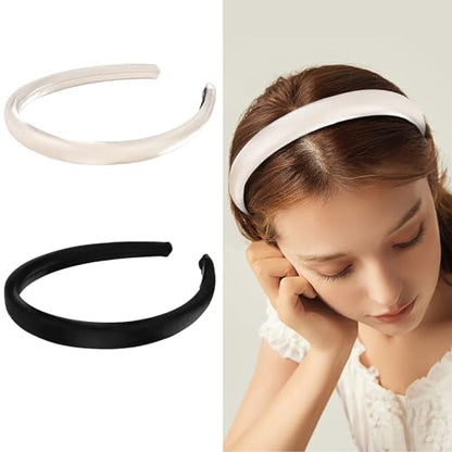 CURASA Sponge Padded Headbands For Women Girls 2PCS Non Slip Comfortable Headband Thin Black & White Head Bands Trendy Hair Hoops Elegant Head Bands Set Stretchy Hairbands Plain Solid Hair Accessories