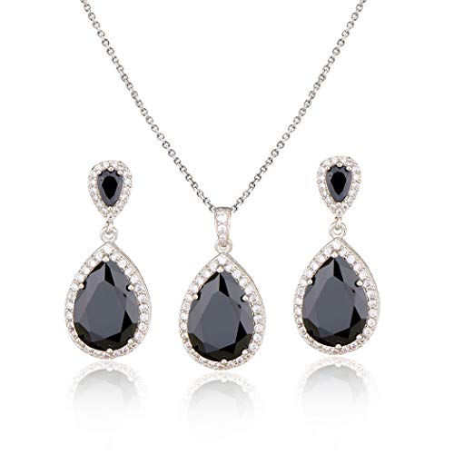 Bridal Jewelry Set for Wedding - 18k Plated Teardrop CZ Crystal Cubic Zirconia Rhinestone Necklace Earrings Set for Bride Bridesmaids Mother of Bride Party Prom Birthstone Costume Jewelry - color: Dec-Black Zircon