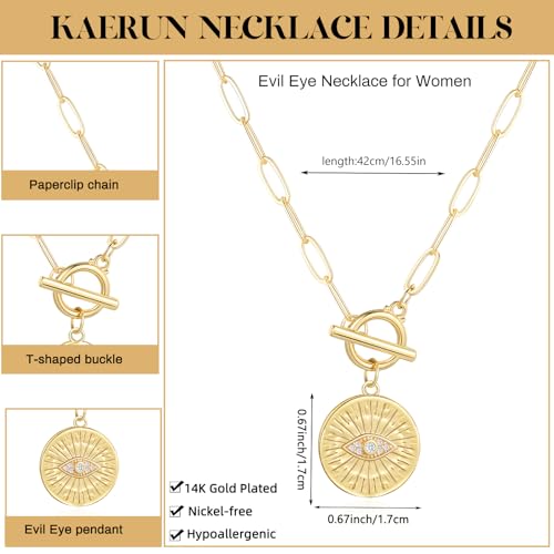 Chunky Gold Necklace for Women Trendy Non Tarnish 14K Gold Plated Paperclip Chain Charm Necklaces Chunky Heart Cross Clover Pearl Pendant Necklace with Toggle Clasp Statement Jewelry Gift for Women - color: G-Evil Eye