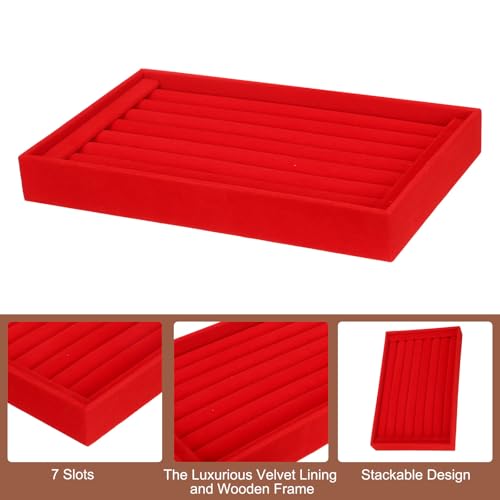 uxcell Velvet 7 Slots Ring Organizer Jewelry Display Tray Showcase Ring Holder Velvet Jewelry Organizer Stand for Rings Earrings Red - color: Red