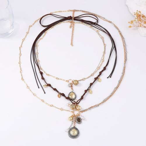 LUREME Vintage 3-in-1 Layered Necklace Set for Women, Gold Coin & Brown Wax Rope Boho Jewelry(nl006387)