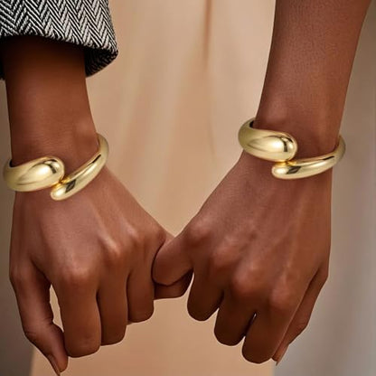 Emibele Cuff Bracelet Stack, 18K Gold-plated Open Bangle Bracelet, Teardrop Hinged Thick Wrist Chunky Bracelet Set for Women, Non Tarnish Jewelry Gift, 2 Pack - color: Gold Teardrop