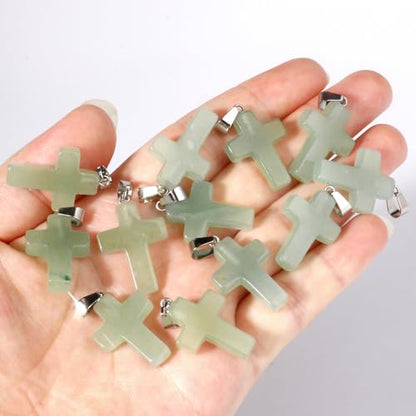 12PCS Natural Stone Cross Pendant Gemstone Charms Bulk for Jewelry Making | Healing Crystal Quartz Chakra Reiki Gemstone Pendants Charms Bulk for Necklace Craft - color: Green Aventurine Cross
