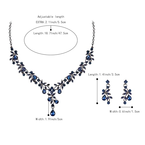 BriLove Wedding Jewelry Set for Women Bride, Y-Necklace Dangle Earrings Crystal Teardrop Leaf Flower Cluster Bridal Bridesmaid - color: 08-Sapphire Color