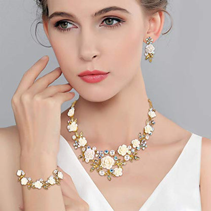 EVER FAITH Costume Jewelry Crystal Simulated Pearl Rose Flower Leaf Prom Party Statement Necklace Earrings Bracelet Set for Women - color: Iridescent Clear AB Gold-Tone