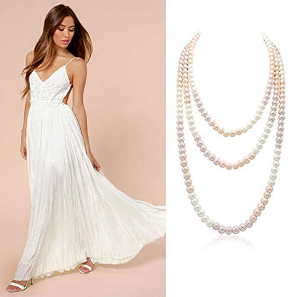 Long Pearl Necklaces for Women Cream White Faux Pearl Strand Layered Necklace Costume Jewelry - color: Colorful
