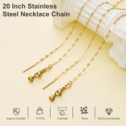 Crisjanggo 10 Pcs Gold Plated Necklace Bulk 20 Inch Adjustable Necklace | Stainless Steel Lip Chain for Jewelry Making with Adjust Clasp Rubber Stopper for Women - color: Gold Lip