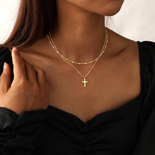 Cross Necklace for Women Dainty 14K Gold/Silver Plated Sideways Cross Necklace Non Tarnish Trendy Gold/Silver Small Cute Simple CZ Jewelry Baptism Religious Faith Jewelry Gifts - color: GD