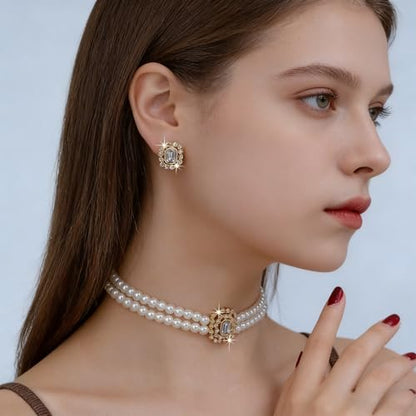 Classic Double Strand Faux Pearl Choker Necklace and Earrings Set with Crystal Accent, Elegant Jewelry for Special Occasions and Everyday Wear - color: clear