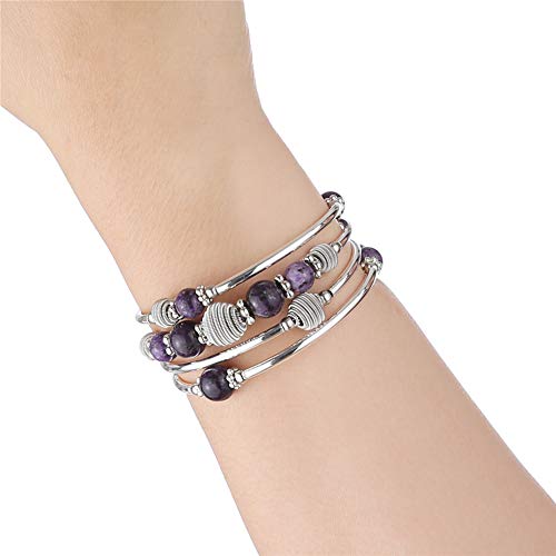 PEARL&CLUB Beaded Chakra Bangle Turquoise Bracelet - Fashion Jewelry Wrap Bracelet with Thick Silver Metal and Mala Beads, Birthday Gifts For Women - color: Purple