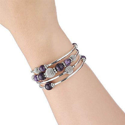 PEARL&CLUB Beaded Chakra Bangle Turquoise Bracelet - Fashion Jewelry Wrap Bracelet with Thick Silver Metal and Mala Beads, Birthday Gifts For Women - color: Purple