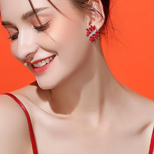 EVER FAITH Sparkly Rhinestone Clip-on Earrings for Women Bride, Fashion Marquise Crystal Cluster Wedding Bridal Stud Earring for Prom Formal Party - color: Red Silver-Tone