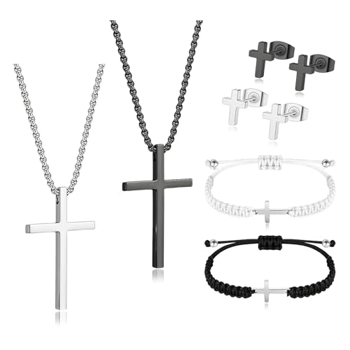 Cross Necklace Bracelet Earrings Friendship Matching Couple Cross Jewelry | Stainless Steel Christian Jesus Silver Black Cross Chain Bracelets Studs