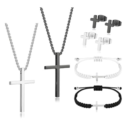 Cross Necklace Bracelet Earrings Friendship Matching Couple Cross Jewelry | Stainless Steel Christian Jesus Silver Black Cross Chain Bracelets Studs
