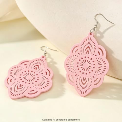 Boho Black Filigree Dangle Earrings for Women, Lightweight Hollow Lace Drop, Wood, 3.34" x 1.69", Bohemian Jewelry - color: Pink
