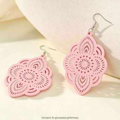 Boho Black Filigree Dangle Earrings for Women, Lightweight Hollow Lace Drop, Wood, 3.34" x 1.69", Bohemian Jewelry - color: Pink