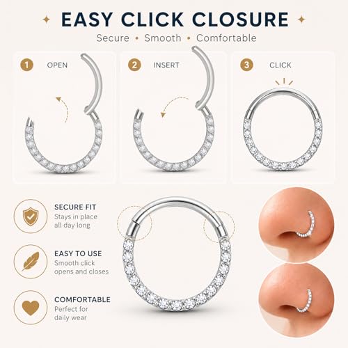 2PCS 16G Titanium Nose Rings for Women, Nostril and Septum | F136 Implant Grade Titanium, Hypoallergenic, 1.2 mm ×8 mm, Faceted and CZ Hinged Clicker Hoops for Nostril or Septum - color: Style A Silver-10mm