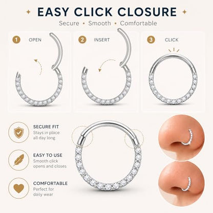 2PCS 16G Titanium Nose Rings for Women, Nostril and Septum | F136 Implant Grade Titanium, Hypoallergenic, 1.2 mm ×8 mm, Faceted and CZ Hinged Clicker Hoops for Nostril or Septum - color: Style A Silver-10mm