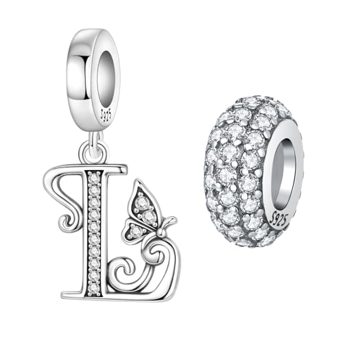 2 Pack 925 Sterling Silver Butterfly Letter Charms for Bracelets and Necklace Alphabet Initial Dangle Pendants Round Spacer Beads Pave Cubic Zirconia Jewelry Gift for Women - color: L Set