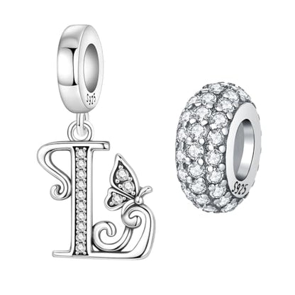 2 Pack 925 Sterling Silver Butterfly Letter Charms for Bracelets and Necklace Alphabet Initial Dangle Pendants Round Spacer Beads Pave Cubic Zirconia Jewelry Gift for Women - color: L Set