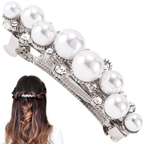 OIIKI Pearl Hair Snap Clips for Wedding, Silver, Style 1, 1pcs | Elegant Pearl Barrettes with Pins for Women, Brides, Parties, Daily Use