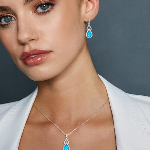 Wedding Jewelry Set for Women Bride Bridesmaid | Gorgeous Cubic Zirconia Teardrop Necklace Earrings Bracelet Adjustable Ring Jewelry Gift for Birthday/Anniversary - color: 15-Blue Topaz Silver-Tone