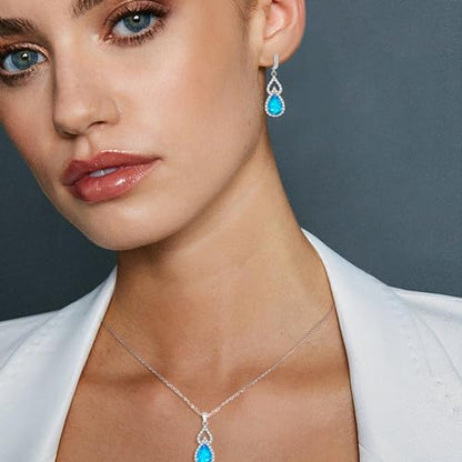 Wedding Jewelry Set for Women Bride Bridesmaid | Gorgeous Cubic Zirconia Teardrop Necklace Earrings Bracelet Adjustable Ring Jewelry Gift for Birthday/Anniversary - color: 15-Blue Topaz Silver-Tone