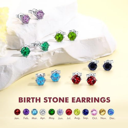 DAYBYDAY 925 Sterling Silver Birthstone Earrings for Women, Crystal Stud Earrings, 6.5mm Round Cut Solitaire Gemstone Earrings Birthday Jewelry - style: Round Cut-05. May/created emerald