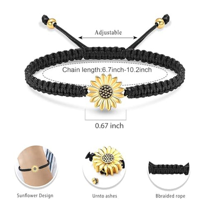 Sunflower Cremation Urn Bracelet for Adjustable Boho Daisy Handmade Cremation Jewelry Braided Rope Bracelets for Women Jewelry Gift With Funnel Kit & Bag - color: Gold+Black