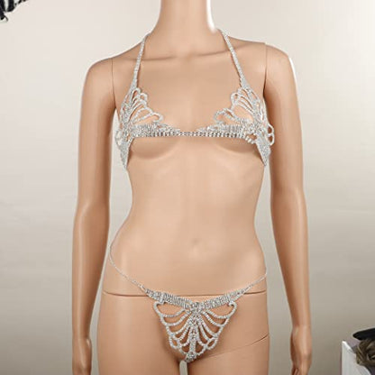 Sparkle Full Rhinestone Sexy Bra Chain Body Chain Set Crystal Beach Luxury Jewelry for Women - color: Silver
