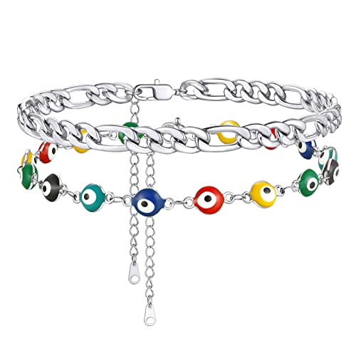 Supcare Evil Eye Anklets for Women,Cuban/Figaro/Mariner/Snake Chain Layered Ankle Bracelet Gifts (with Gift Packing) - color: 02-layered curb steel