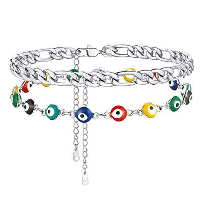 Supcare Evil Eye Anklets for Women,Cuban/Figaro/Mariner/Snake Chain Layered Ankle Bracelet Gifts (with Gift Packing) - color: 02-layered curb steel
