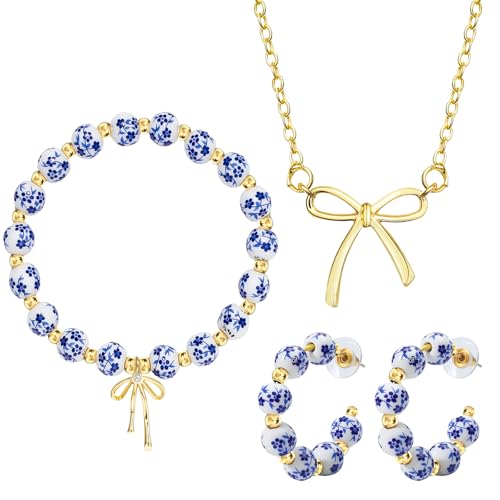 NEWITIN 2 Pieces Summer Beach Jewelry for Women Chunky Beaded Necklace Bracelet Trendy Big Resin Beaded Choker Boho Charm Statement Colorful Jewelry Set for Women - color: Gold Bow B