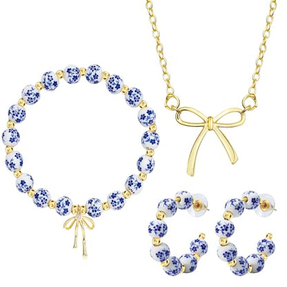 NEWITIN 2 Pieces Summer Beach Jewelry for Women Chunky Beaded Necklace Bracelet Trendy Big Resin Beaded Choker Boho Charm Statement Colorful Jewelry Set for Women - color: Gold Bow B