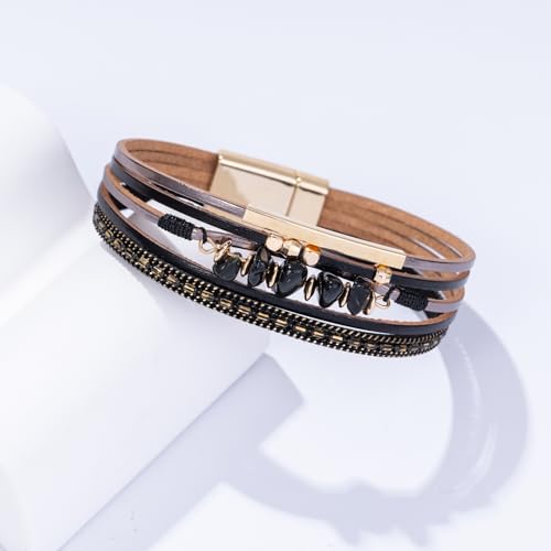 Boho Gemstone Beaded Leather Wrap Bracelets Stackable Chunky Cuff Bracelet Western Jewelry Cowboy Chic Country Concert Outfits for Women - color: Black