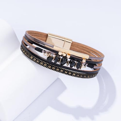 Boho Gemstone Beaded Leather Wrap Bracelets Stackable Chunky Cuff Bracelet Western Jewelry Cowboy Chic Country Concert Outfits for Women - color: Black