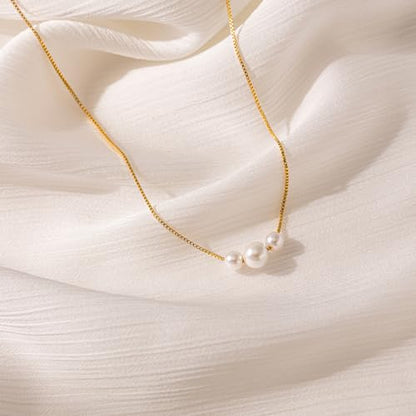 Pearl Necklace for Women- 14K Gold-plated/White Gold-plated Dainty Pearl Necklace for Women - color: Gold 3pearl box chain