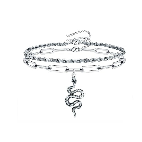 2PCS Boho Layered Snake Chain Ankle Bracelet Set for Women,Adjustable Chunky Snake Pendant Paperclip Chain Ankle Bracelet Trendy Beach Jewelry