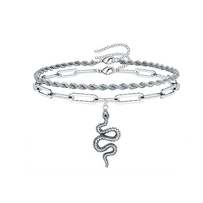 2PCS Boho Layered Snake Chain Ankle Bracelet Set for Women,Adjustable Chunky Snake Pendant Paperclip Chain Ankle Bracelet Trendy Beach Jewelry