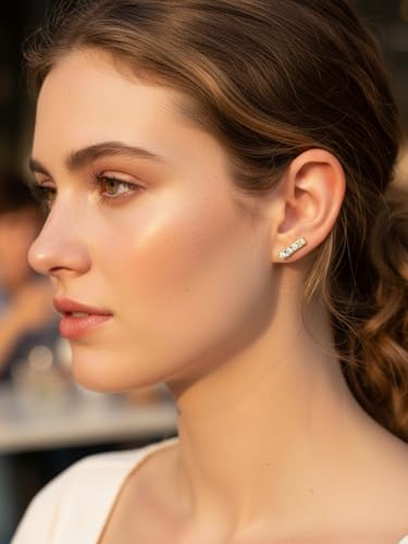 All Moissanites Sparkly Geometric Stud Earrings for Women, Solid 925 Sterling Silver with Rhodium/Gold Plated Hypoallergenic, Lightweight Comfy Earrings - color: Bar - Yellow Gold