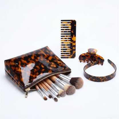 Thiccywoov 4 Pcs Tortoise Shell Makeup Bag with Hair Accessories Set for Women, Travel Cosmetic Pouch, Wide Headband, Large Claw Clip, Wide Tooth Comb, Retro Hair Styling Gift Set