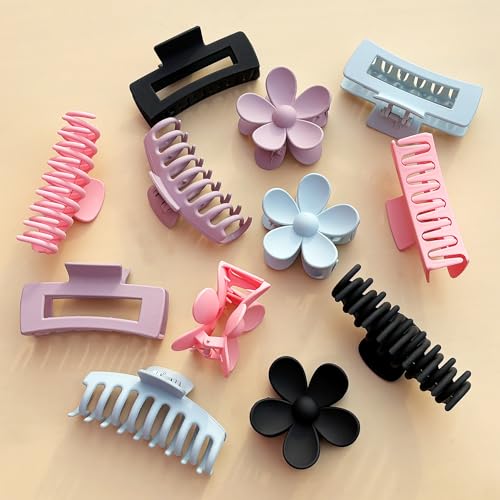 Large Hair Claw Clips 12 Pack, Flower Hair Clips for Thin Hair, Big Square Matte Strong hold for Thick Hair, 3 Styles Hair Clips for Women Thick Hair - color: Blue, Pink, Purple, Black