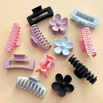 Large Hair Claw Clips 12 Pack, Flower Hair Clips for Thin Hair, Big Square Matte Strong hold for Thick Hair, 3 Styles Hair Clips for Women Thick Hair - color: Blue, Pink, Purple, Black